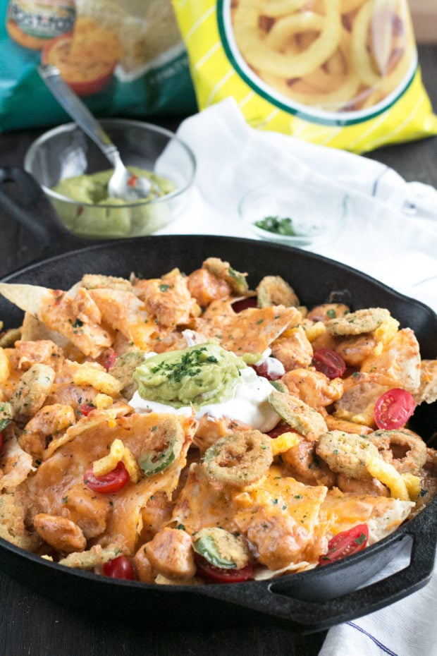 Triple Layer Chipotle Chicken Queso Nachos with Fried Jalapeños