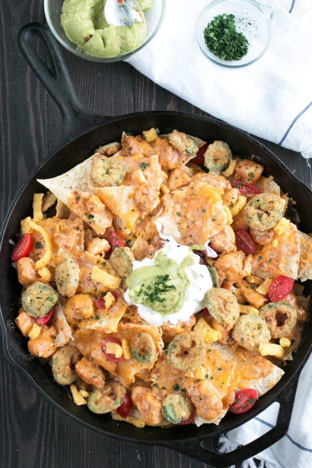 Triple Layer Chipotle Chicken Queso Nachos with Fried Jalapeños