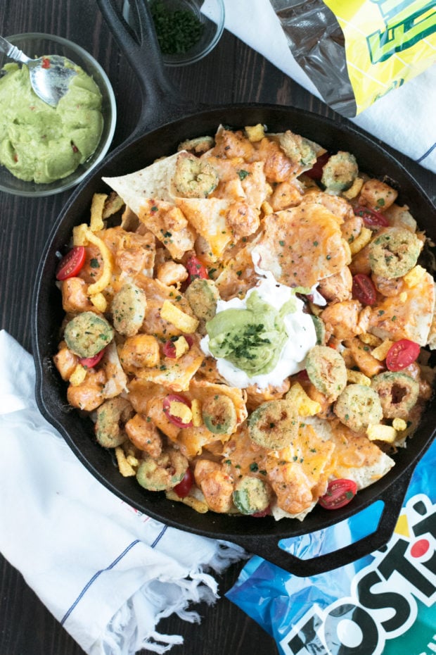 Triple Layer Chipotle Chicken Queso Nachos with Fried Jalapeños