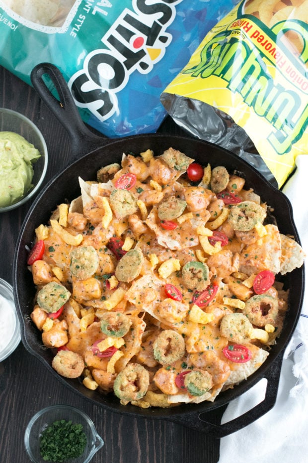 Triple Layer Chipotle Chicken Queso Nachos with Fried Jalapeños