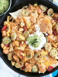 Triple Layer Chipotle Chicken Queso Nachos with Fried Jalapeños