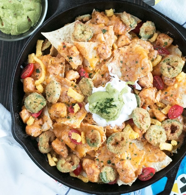 Triple Layer Chipotle Chicken Queso Nachos with Fried Jalapeños