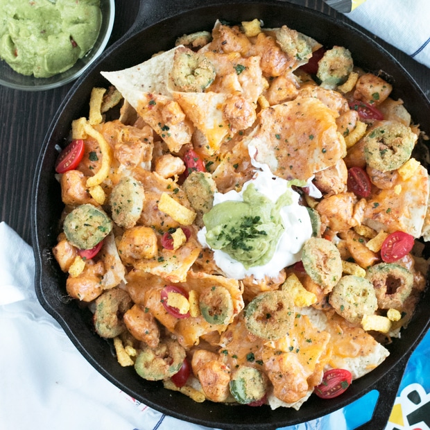 Triple Layer Chipotle Chicken Queso Nachos with Fried Jalapeños