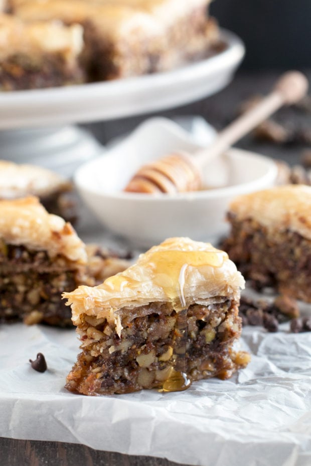 Chocolate Pistachio Baklava with Bourbon Orange Honey Syrup