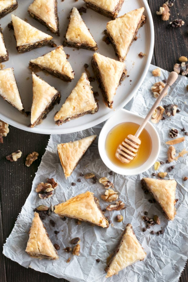 Chocolate Pistachio Baklava with Bourbon Orange Honey Syrup