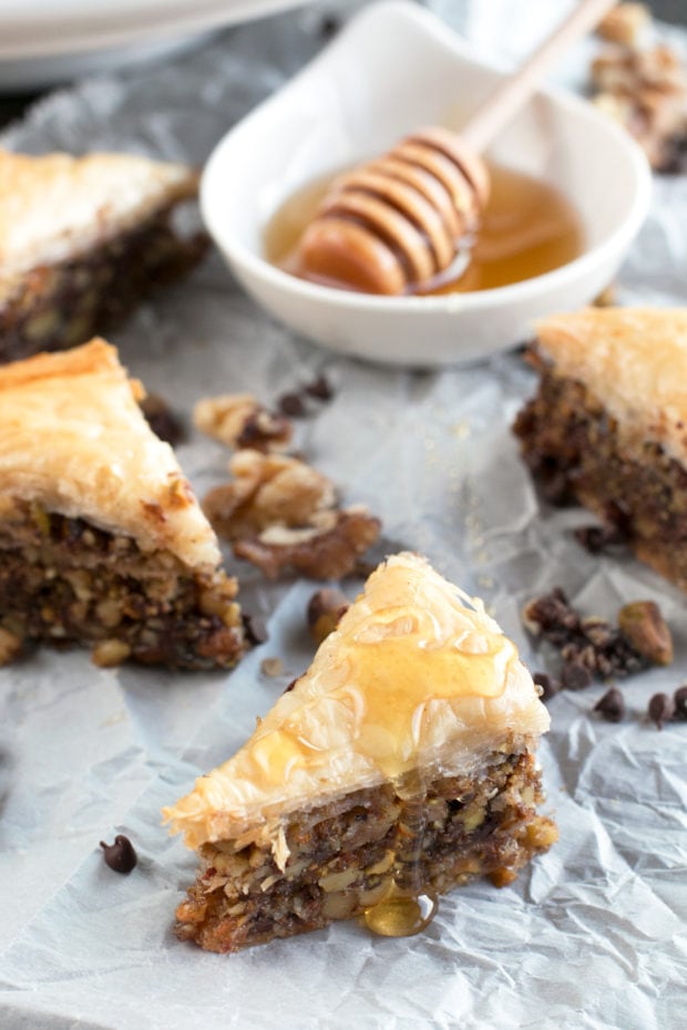 Chocolate Pistachio Baklava with Bourbon Orange Honey Syrup