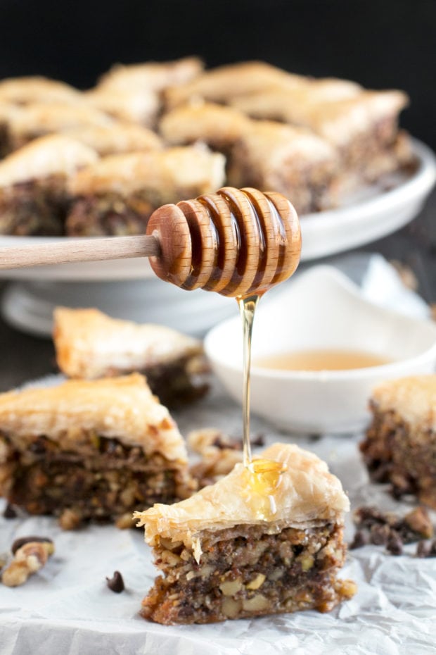 Chocolate Pistachio Baklava with Bourbon Orange Honey Syrup