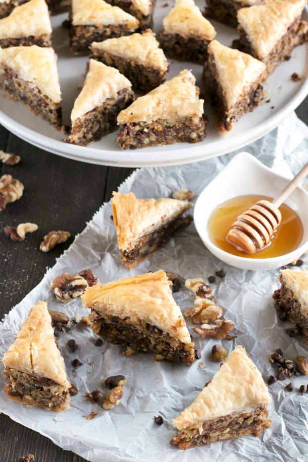 Chocolate Pistachio Baklava with Bourbon Orange Honey Syrup