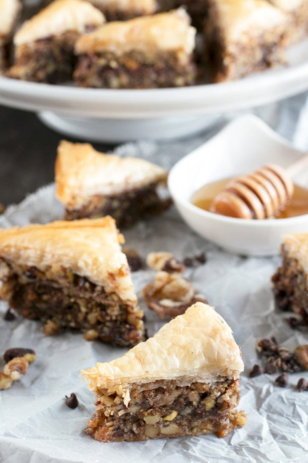 Chocolate Pistachio Baklava with Bourbon Orange Honey Syrup