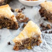 Chocolate Pistachio Baklava with Bourbon Orange Honey Syrup