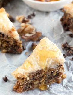 Chocolate Pistachio Baklava with Bourbon Orange Honey Syrup