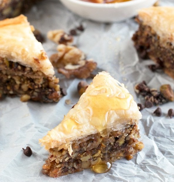 Chocolate Pistachio Baklava with Bourbon Orange Honey Syrup