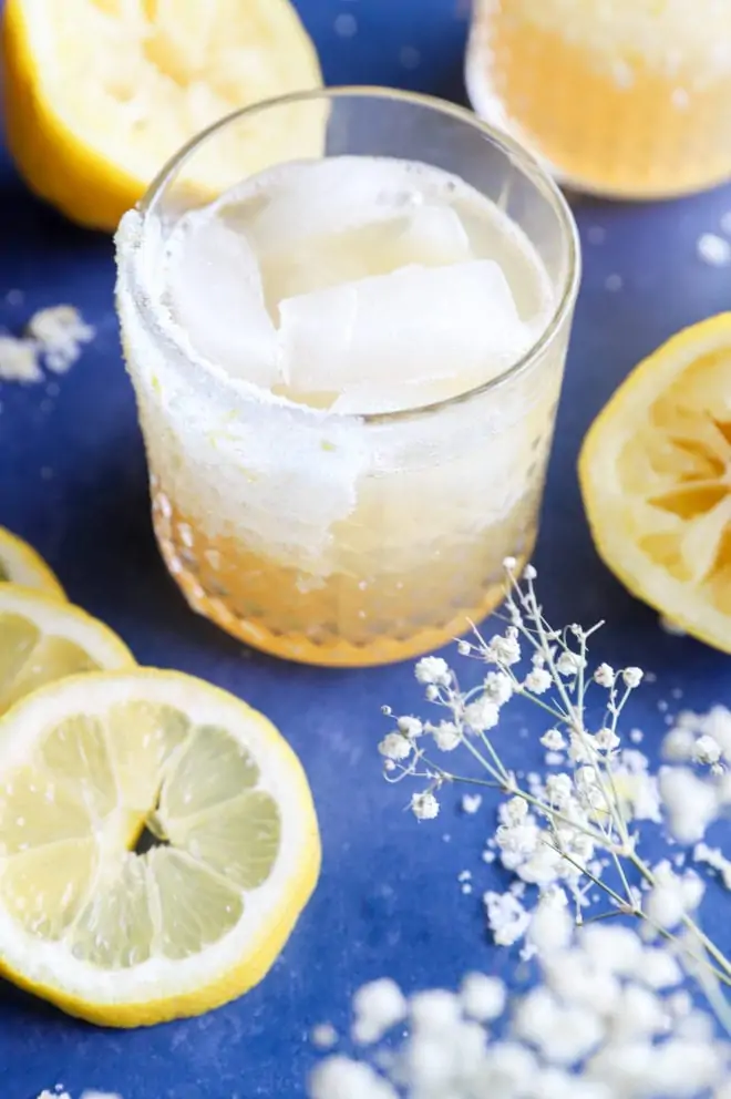 Lemon agave margarita in glass with ice