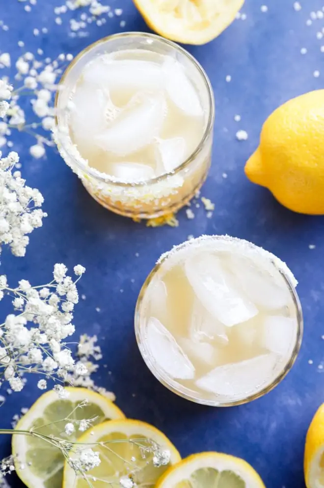 Overhead image of lemon agave margaritas