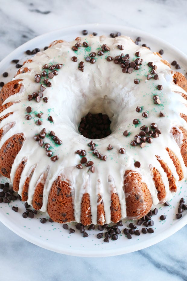 Bailey's Chocolate Chip Bundt Cake on cake stand