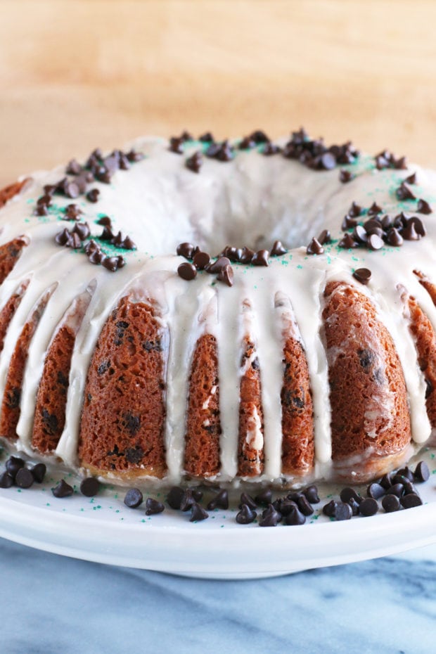 Bailey's Chocolate Chip Bundt Cake ready to serve