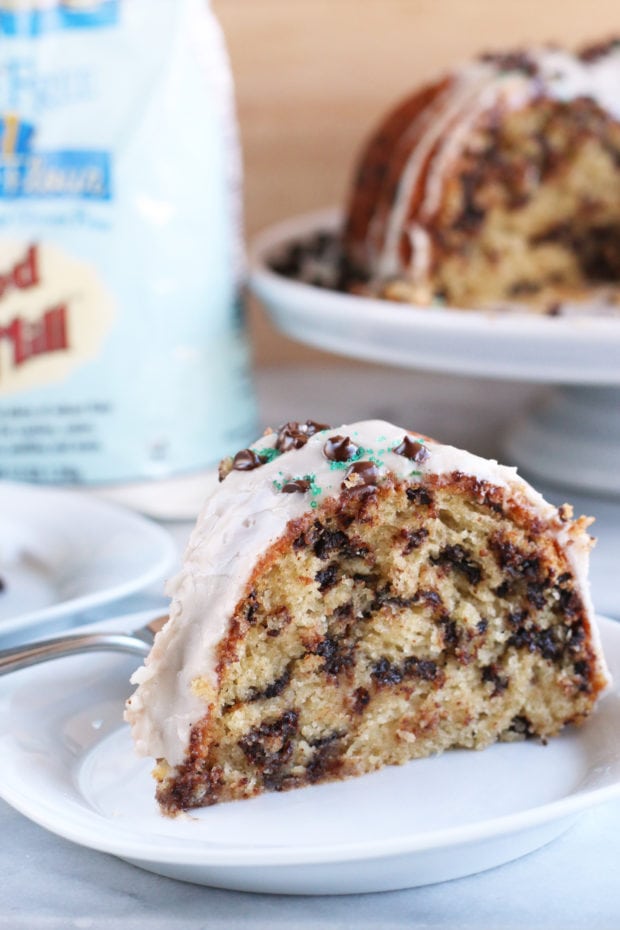 Bailey's Chocolate Chip Bundt Cake on plate with fork