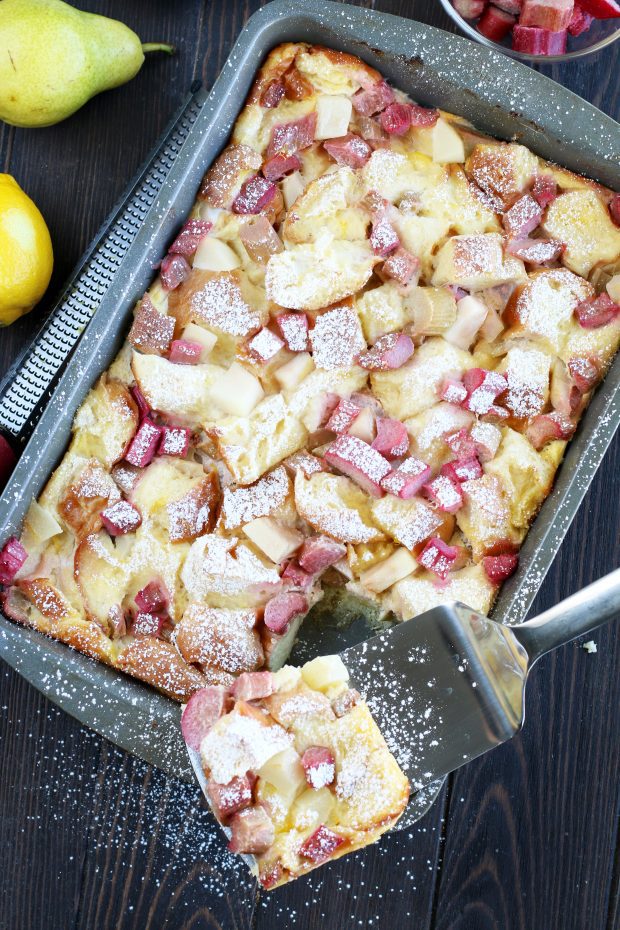 Rhubarb Pear French Toast Overnight Casserole