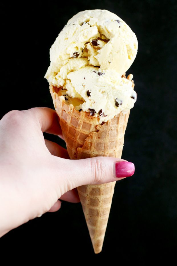 Chocolate Chip Cardamom Ice Cream in a cone