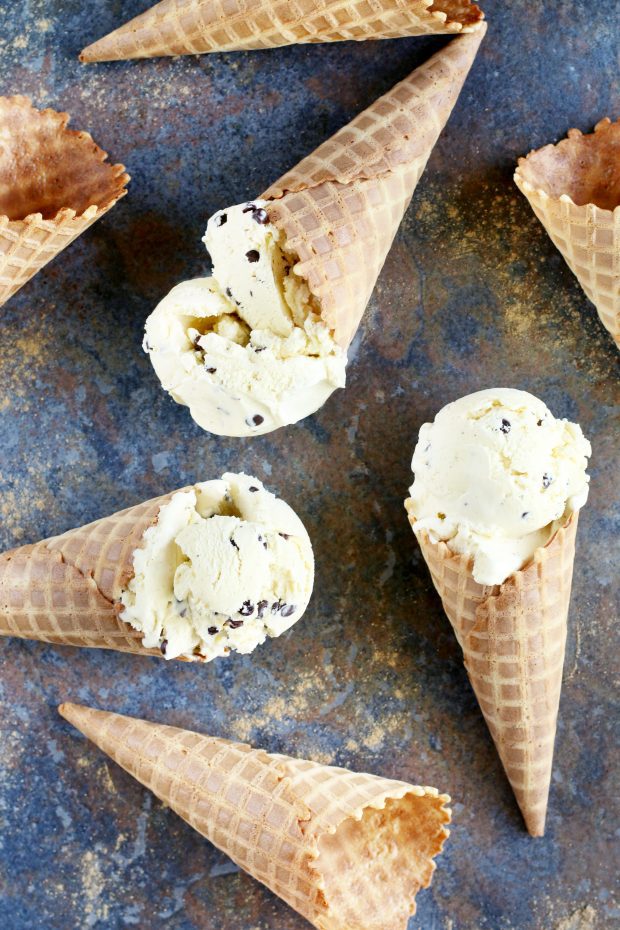 Chocolate Chip Cardamom Ice Cream and several cones
