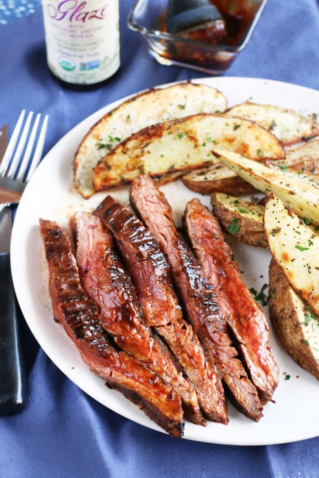 Balsamic Glazed Grilled Flank Steak with Herb Steak Fries