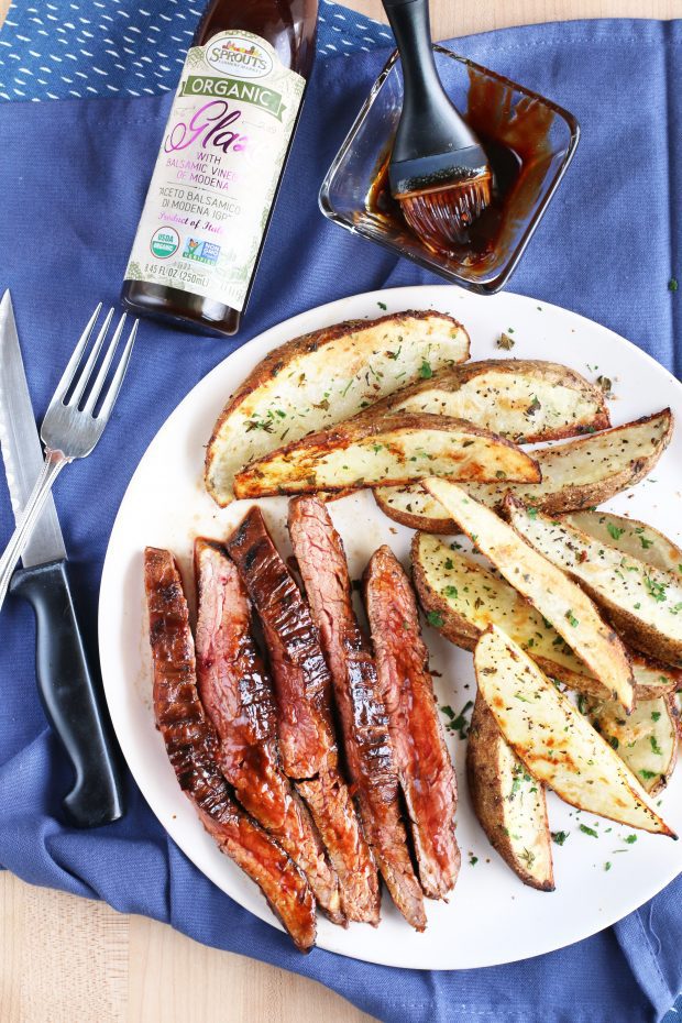 Balsamic Glazed Grilled Flank Steak with Herb Steak Fries