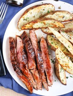 Balsamic Glazed Grilled Flank Steak with Herb Steak Fries