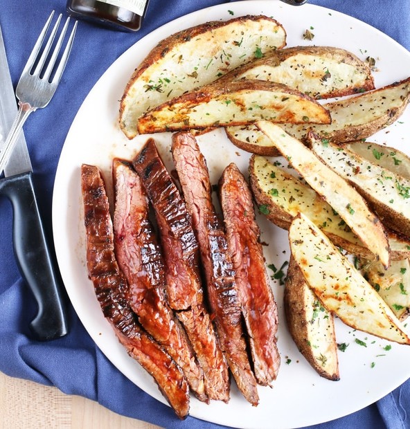 Balsamic Glazed Grilled Flank Steak with Herb Steak Fries