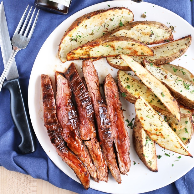 Balsamic Glazed Grilled Flank Steak with Herb Steak Fries