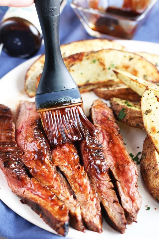 Balsamic Glazed Grilled Flank Steak with Herb Steak Fries