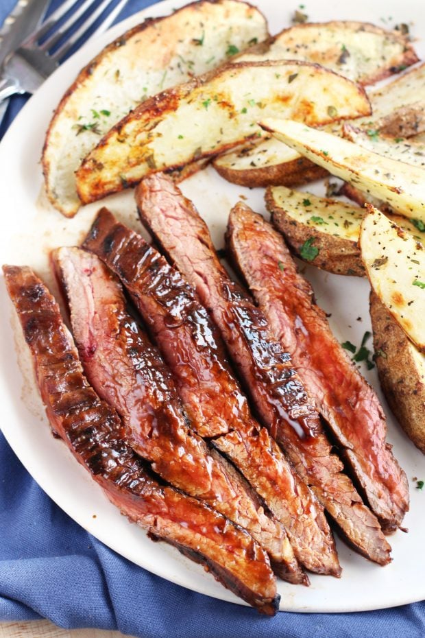 Balsamic Glazed Grilled Flank Steak with Herb Steak Fries