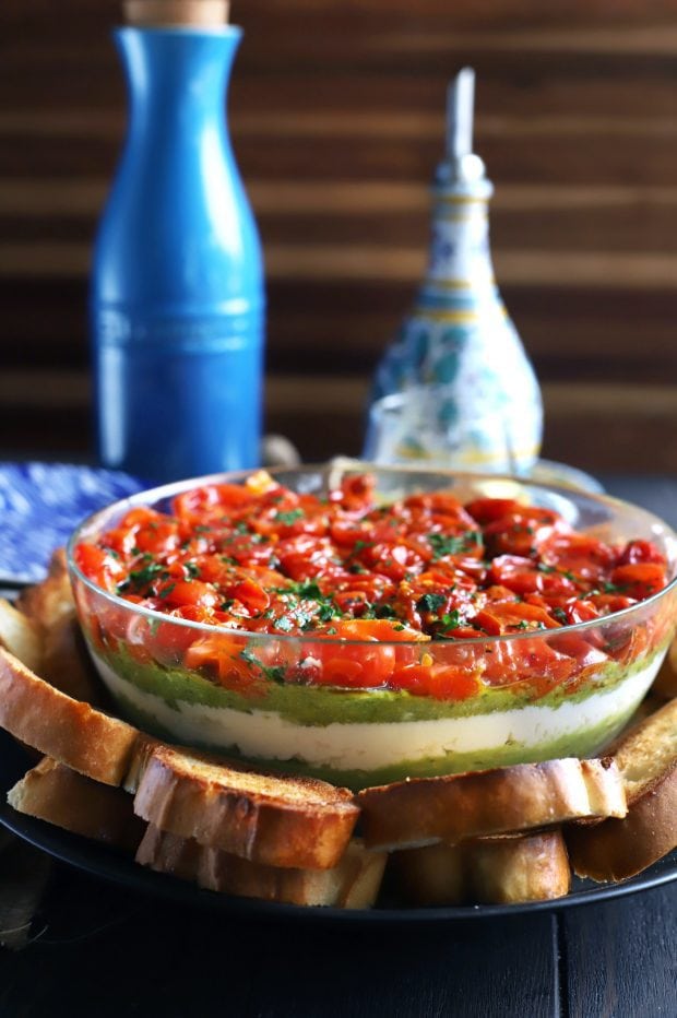 Avocado Ricotta Tomato Pesto Layer Dip