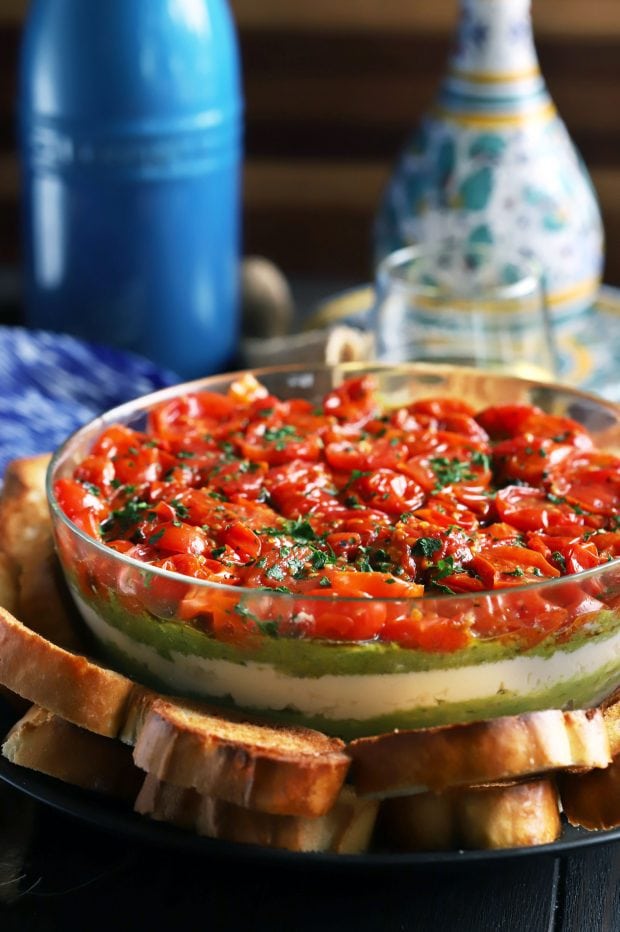 Avocado Ricotta Tomato Pesto Layer Dip