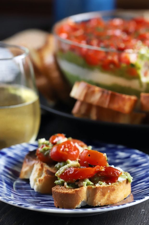 Avocado Ricotta Tomato Pesto Layer Dip