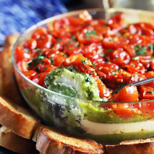 Avocado Ricotta Tomato Pesto Layer Dip Cake 'n Knife