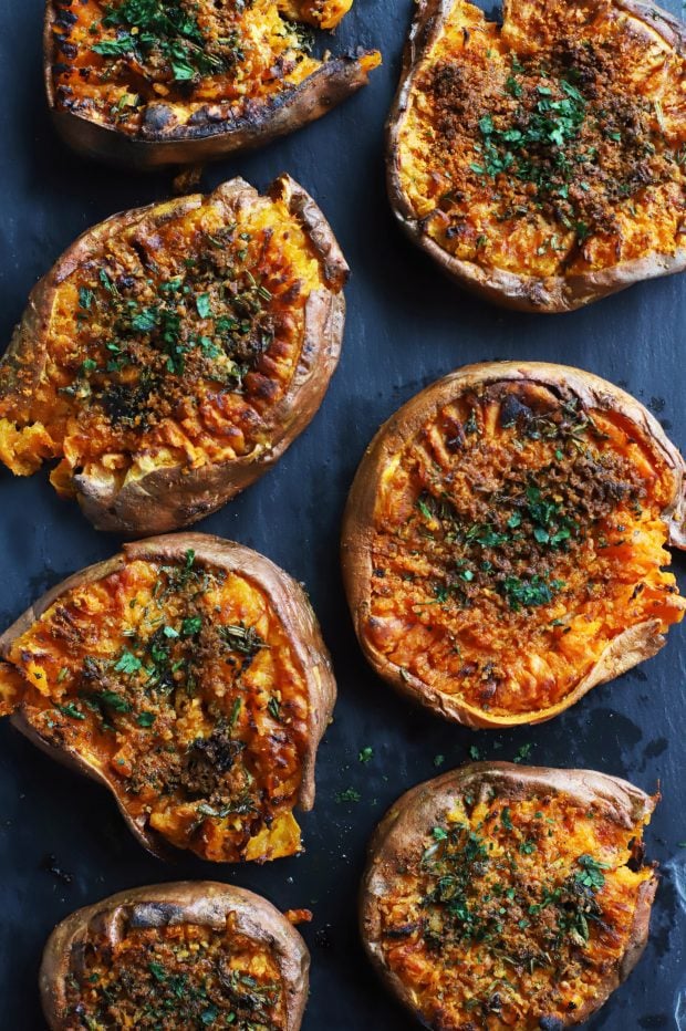 Chook Smashed Sweet Potatoes with Fresh Herbs and Garlic