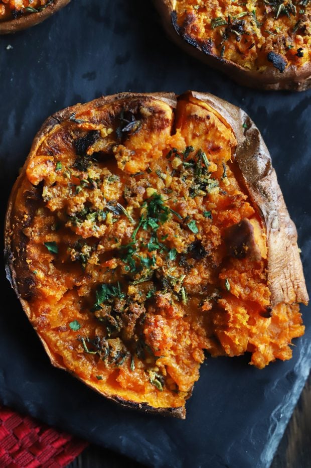 Chook Smashed Sweet Potatoes with Fresh Herbs and Garlic