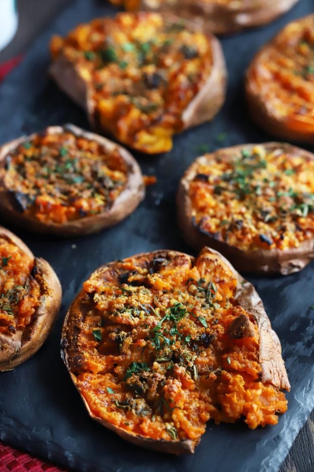 Chook Smashed Sweet Potatoes with Fresh Herbs and Garlic