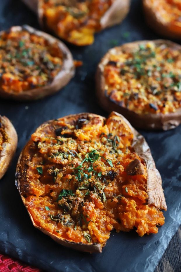 Chook Smashed Sweet Potatoes with Fresh Herbs and Garlic