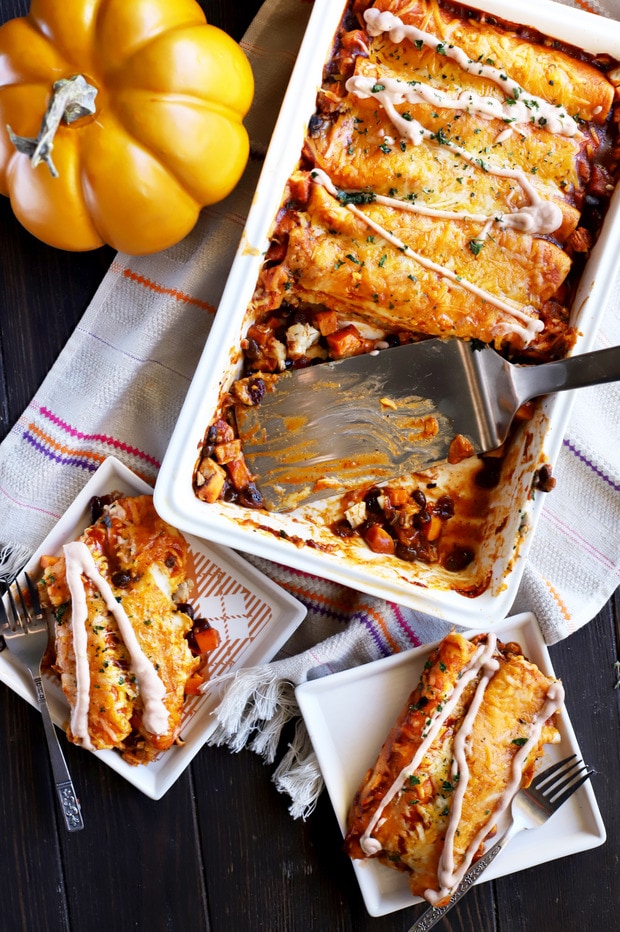 Close-up of baked turkey and sweet potato enchiladas