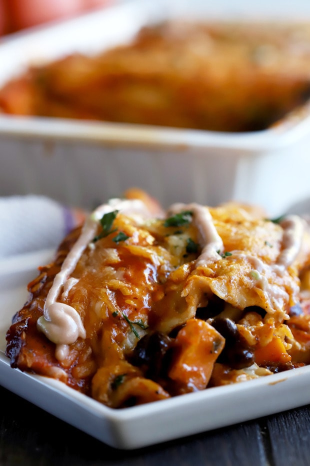 Cross-section of an enchilada showing the turkey and sweet potato filling