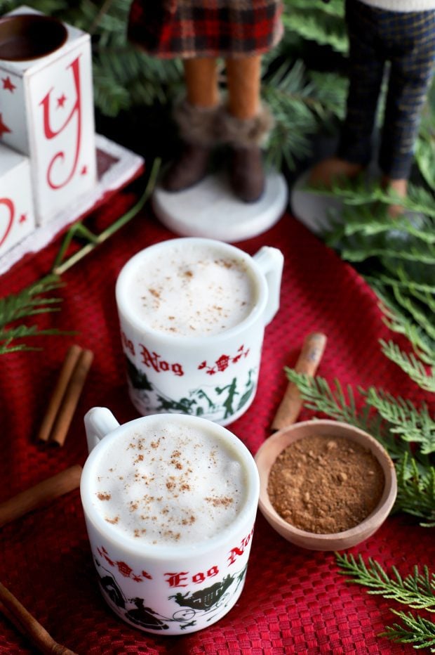 The Best Homemade Eggnog in milk glass mugs