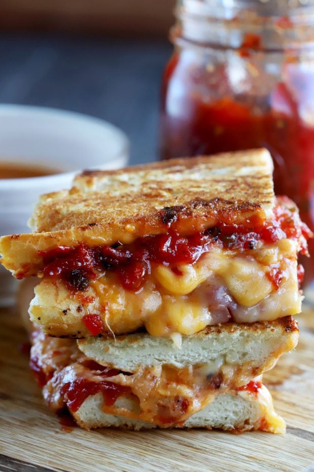 Inverted French Baguette Grilled Cheese with Chunky Tomato Jalapeño Jam