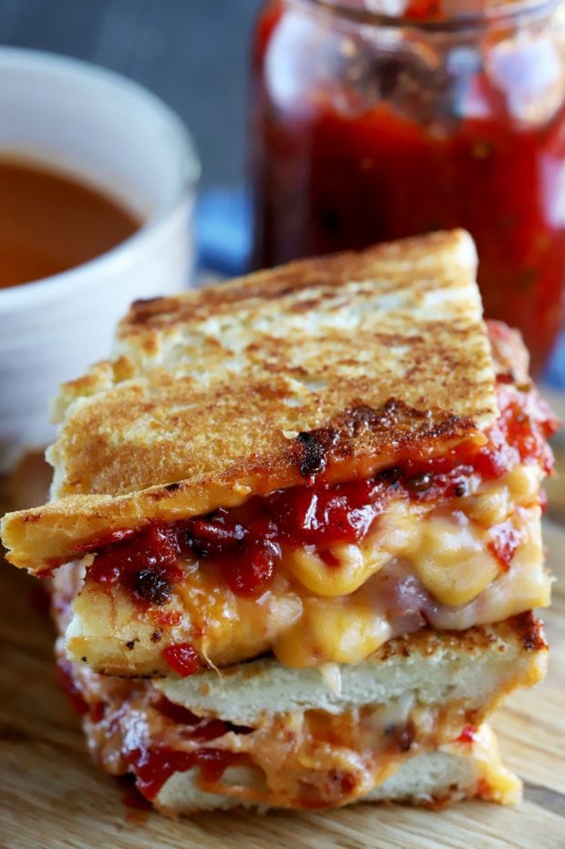 Inverted French Baguette Grilled Cheese with Chunky Tomato Jalapeño Jam