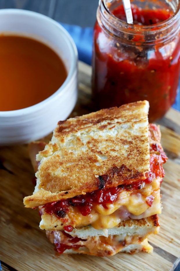 Inverted French Baguette Grilled Cheese with Chunky Tomato Jalapeño Jam
