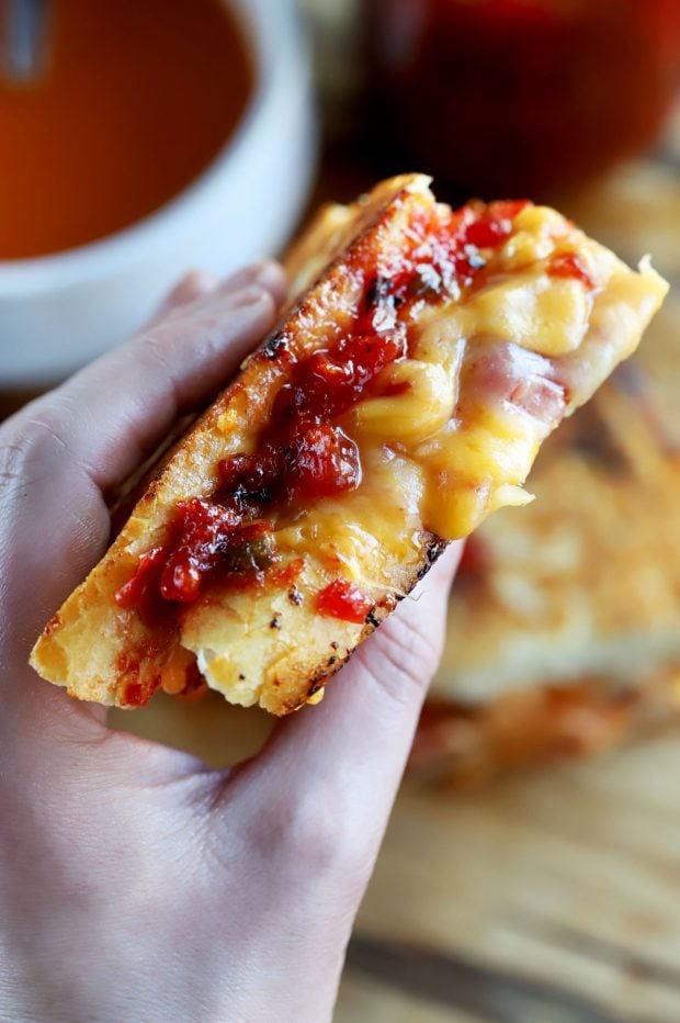 Inverted French Baguette Grilled Cheese with Chunky Tomato Jalapeño Jam