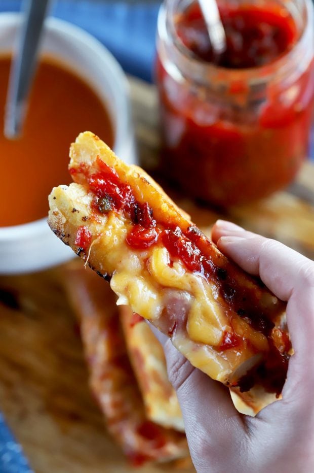 Inverted French Baguette Grilled Cheese with Chunky Tomato Jalapeño Jam