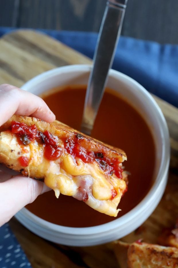 Inverted French Baguette Grilled Cheese with Chunky Tomato Jalapeño Jam