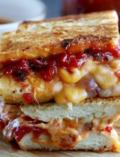 Inverted French Baguette Grilled Cheese with Chunky Tomato Jalapeño Jam