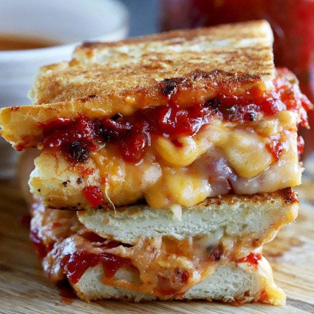 Inverted French Baguette Grilled Cheese with Chunky Tomato Jalapeño Jam
